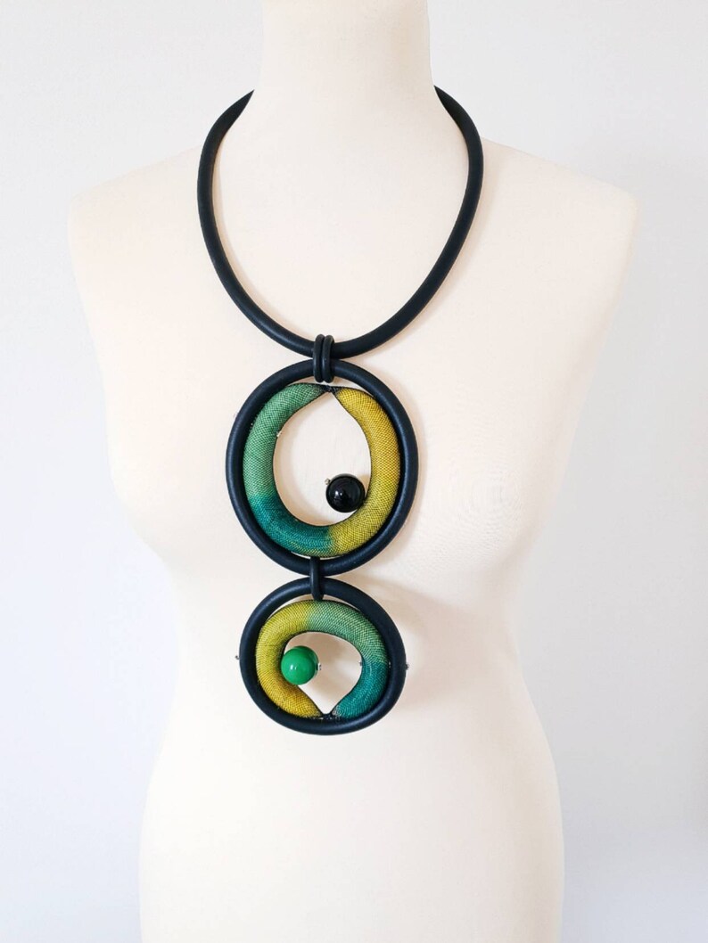 Bib necklace Statement necklace Rubber necklace Green long necklace Unusual necklace Asymmetrical jewelry Art necklace Modern necklace