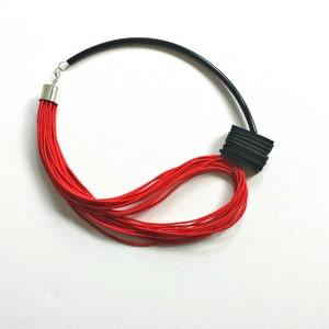 Red Rubber Cord Necklace: Modern Asymmetrical Statement Jewelry