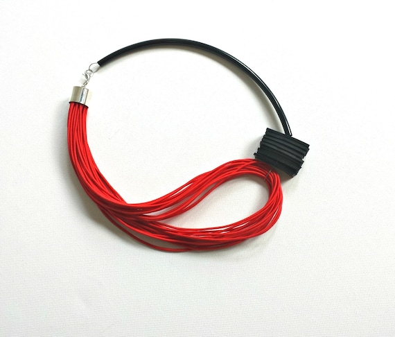 Red Rubber Cord Necklace: Modern Asymmetrical Statement Jewelry