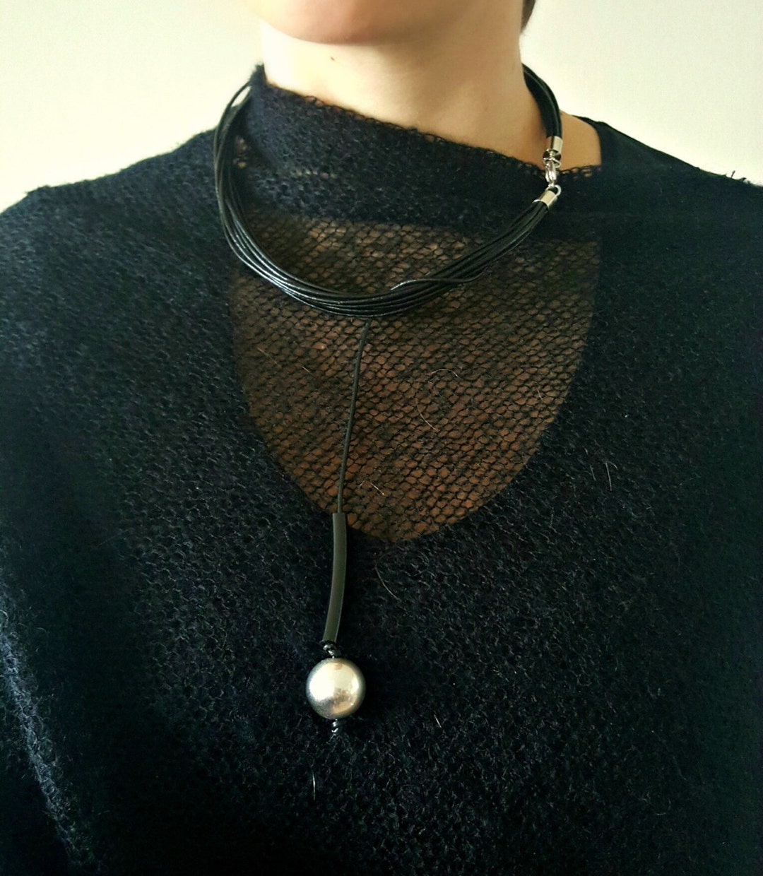Black Minimalist Necklace Christmas Gift Bib Necklace Leather Necklace ...