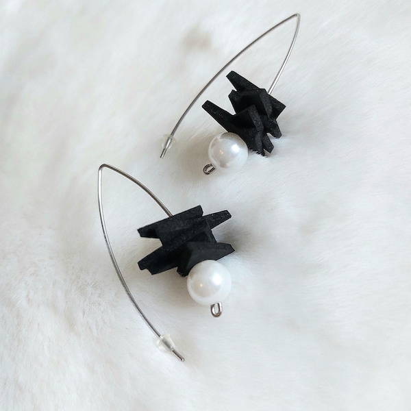 Pearl Statement Black Foam Earrings: Stainless Steel Modernist Jewelry