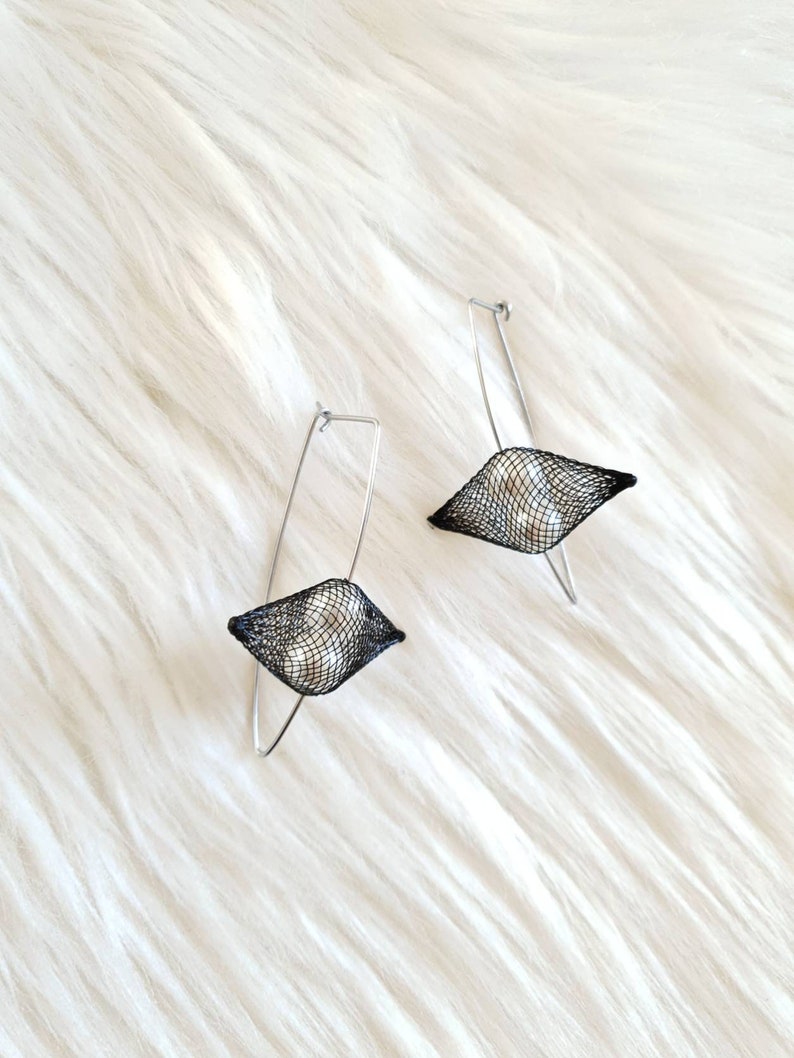 Statement earrings Contemporary earrings Hypoallergenic earrings Long earrings Acrylic pearl earrings Mesh earrings Unusual jewelry image 5