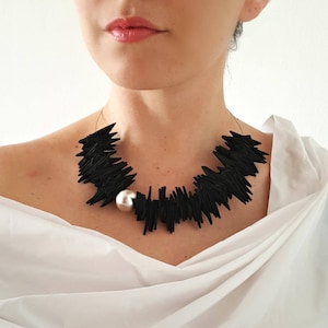 Avant Garde Black Foam Bib Necklace: Asymmetric Modern Jewelry