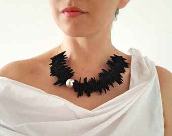 Statement black necklace Bib necklace Avant garde necklace Modern necklace Asymmetric necklace Unusual necklace Big bold chunky necklace