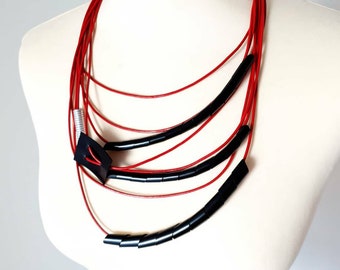 Chunky statement necklace Modern necklace  Leather jewelry Rubber jewelry Contemporary jewelry Multi strand necklace Red leather necklace