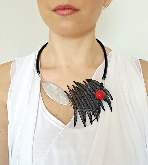 Bib necklace Statement necklace Rubber necklace Green long necklace Unusual necklace Asymmetrical jewelry Art necklace Modern necklace