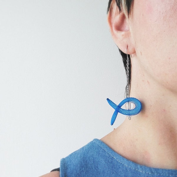 Blue Nylon Mesh Dangle Earrings, Stainless Steel, Hypoallergenic