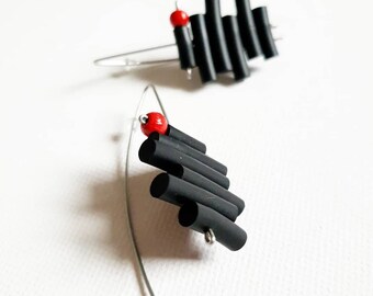 Contemporary earrings Statement earrings Rubber earrings Unusual earrings Modern earrings Black earrings  Dangle earrings Red earrings