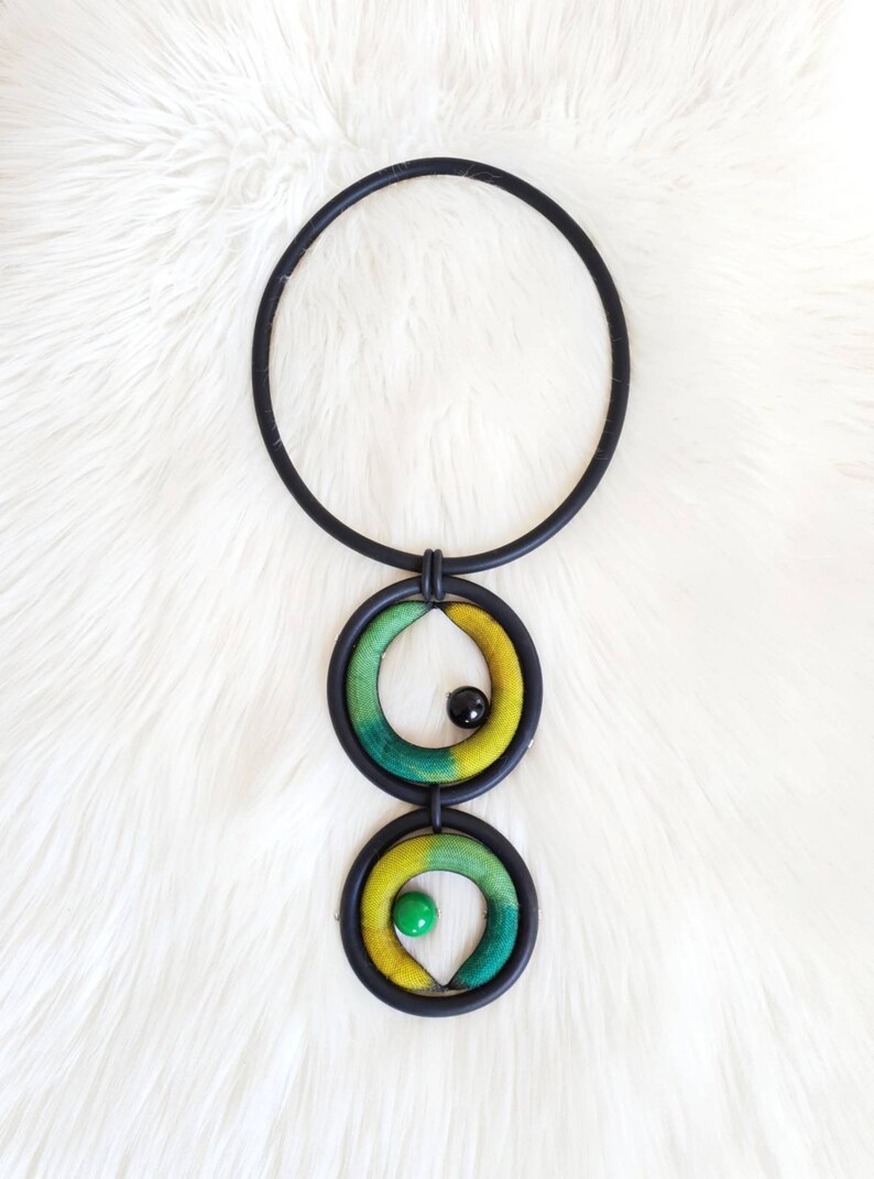 Bib necklace Statement necklace Rubber necklace Green long necklace Unusual necklace Asymmetrical jewelry Art necklace Modern necklace