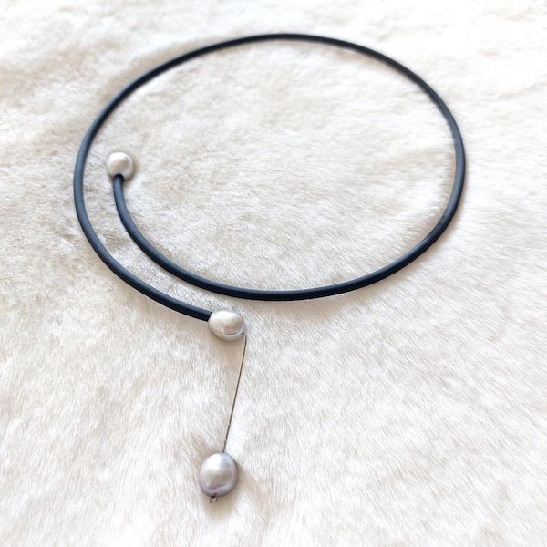 Silver Pearl Necklace: Black Silicone Tube, Adjustable Jewelry