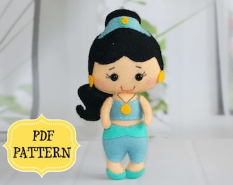 Felt doll PDF pattern, Princess felt pattern, Doll sewing tutorial, Felt Jasmine, Felt stuffed doll, Princess felt ornament, Nursery decor