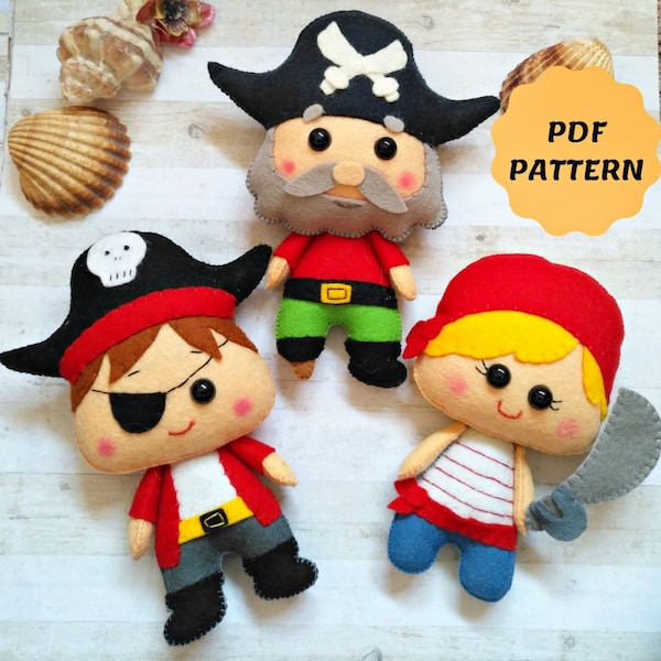 Ensemble de 3 pirates Motif de pirate en feutrine Ornement de pirate en feutrine Mobile de berceau en feutre Cadeau de douche de bébé Pirate de poche en feutrine Jouet de pépinière pour bébé garçon PDF facile