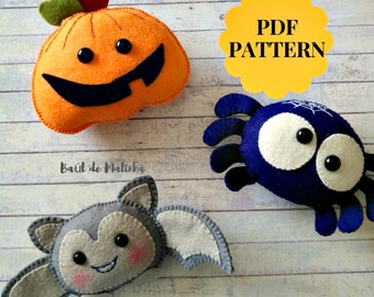 Felt Halloween patterns Felt spider Felt pumpkin Felt bat Scary Halloween ornaments DIY easy sewing pattern Halloween decor Felt ornaments