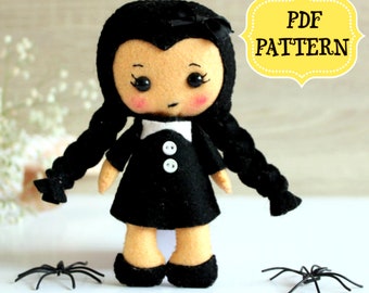 Wednesday Addams Felt Doll-patroon, gotische zakpop (pdf-patroon)