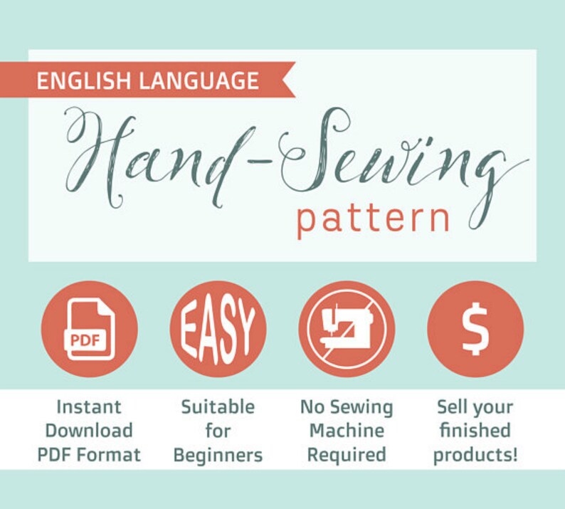 Pu&ograve; includere: Una grafica rosso, bianco e blu con il testo "ENGLISH LANGUAGE" e "Hand-Sewing pattern".  Sotto il testo ci sono quattro icone: un'icona rossa con un file PDF bianco, un'icona rossa con la parola "EASY" in bianco, un'icona rossa con una macchina da cucire bianca con una barra rossa che la attraversa e un'icona rossa con un segno del dollaro bianco.