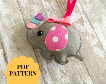 PDF Pattern - Elephant Baby Girl, Animal Ornament Pattern, Felt Softie Sewing Pattern, Felt Elephant Ornament, Felt elephant pattern,