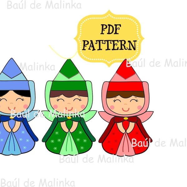 Felt Godmothers pattern Felt princess doll pattern PDF doll pattern Briar Rose pattern Princess nursery decor Baby princess mobile felt