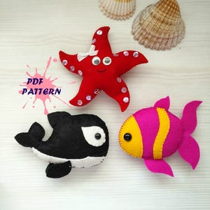 Fish Whale Starfish PDF pattern-DIY-Nursery decor-Baby&#39;s mobile toy-Felt fish-Kids present-Felt whale,felt starfish,sea creatures ornament