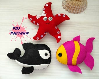 Fische Wal Seestern PDF Muster-DIY-Filz-Seestern-Filz-Seestern-DIY-Kinderzimmer Deko-Baby Handy Spielzeug-Kinder Geschenk