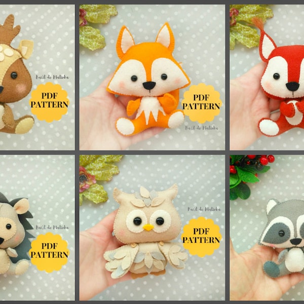 Felt woodland animal pattern ornaments PDF SVG sewing easy pattern felt ornaments DIY softie owl hedgehog raccoon squirrel deer baby mobile