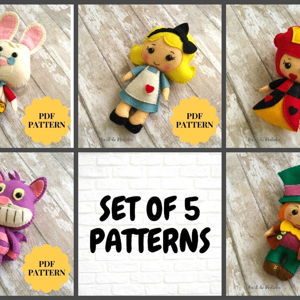Alice in Wonderland doll pattern/ Felt Alice pocket doll/ Queen of Hearts doll/ Mad Hatter doll/ White Rabbit doll/ Cheshire cat doll