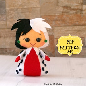 May include: A felt doll pattern for making a Cruella de Vil doll. The pattern includes a PDF and SVG file. The doll is black and white with a red and white dalmatian spot dress.