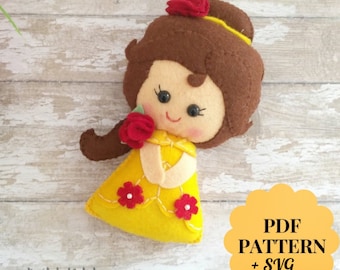 Beauty and beast felt pattern, SVG felt pattern, SVG princess, PDF sewing pattern to make a felt doll inspired in Beauty, Felt baby mobile