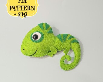 May include: Green felt chameleon toy with a big eye and a curled tail. PDF PATTERN + SVG.