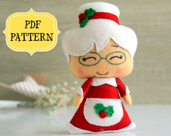 Patrón de adorno navideño de fieltro de la Sra. Claus, manualidades de costura navideñas (patrón en PDF)