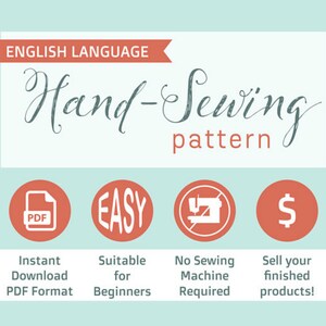 May include: A red, white, and blue graphic with the text "ENGLISH LANGUAGE" and "Hand-Sewing pattern".  Four icons are below the text: a red icon with a white PDF file, a red icon with the word "EASY" in white, a red icon with a white sewing machine with a red slash through it, and a red icon with a white dollar sign.