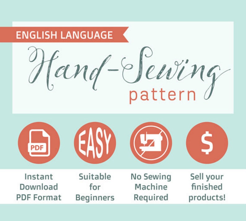 May include: A red, white, and blue graphic with the text "ENGLISH LANGUAGE" and "Hand-Sewing pattern".  Four icons are below the text: a red icon with a white PDF file, a red icon with the word "EASY" in white, a red icon with a white sewing machine with a red slash through it, and a red icon with a white dollar sign.
