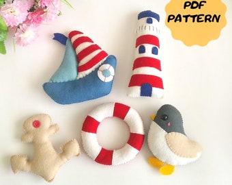 Nautical Felt Ornaments PDF Pattern, Seaside Decor (Set of 5)