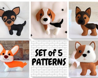 Vilten hond ornamentpatroon, corgi, beagle, chihuahua, Duitse herder, bulldog (pdf-patroon)