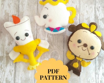 Beauty and the Beast felt pattern, Princess Belle pattern, Lumiere, Mrs Potts, Cogsworth pattern, Doll princess pattern, SVG felt pattern