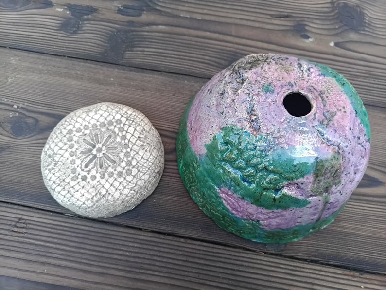 Pflanzgefäß Blumentopf Keramik Wand Deko Orchideen Hängetopf Meerjungfrau türkis antik grün silber Raku 21cm Bild 4