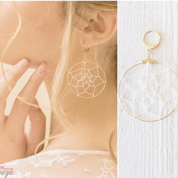 Boucles créoles mariée bohème chic attrape-rêve dreamcatcher - boucles d'oreille mariage poétiques