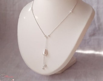 Collier de mariée pendentif perle poire et perles nacrées forme Y "Beatriz", argent ou doré, collier de mariée plongeant