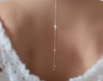 Swarovski bridal back necklace and its pear-shaped crystal, zirconium rhinestones on the front, fine bohemian chic wedding jewelry, back jewelry