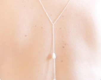 Collier de dos mariée perle goutte et petites perles nacrées, argent ou or pour robe de mariée, collier de dos perle