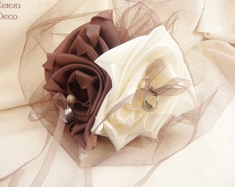 Porte alliance mariage ivoire chocolat original, bouquet porte-alliances, coussin alliance, accessoire déco mariage