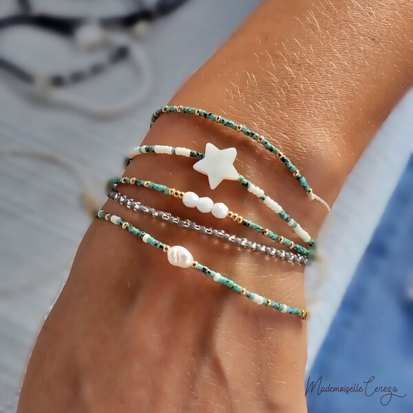 Bracelets ajustables perle d'eau douce et nacre perles vert doré blanc, bijou fin, bijou minimaliste, cadeau femme