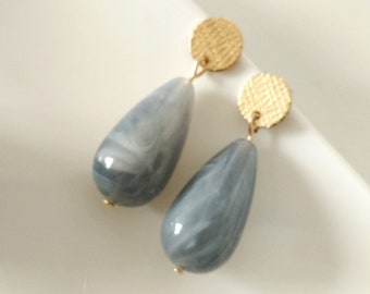 Boucles d'oreille perle goutte résine acétate bleu gris