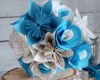 Bouquet de mariée bleu turquoise origami "Crazy Love",bouquet papier,bouquet original,fleurs mariage