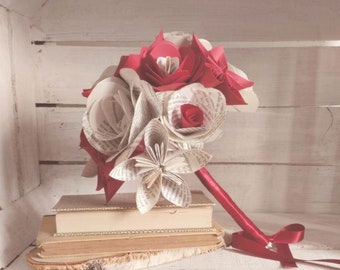 Bouquet de mariée origami rouge uni blanc livre "Crazy Love",bouquet papier pages livre,bouquet original,fleurs mariage