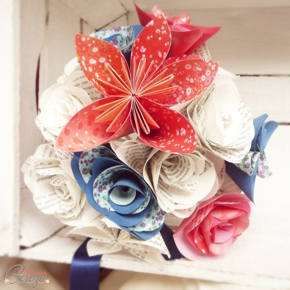 Bouquet De Mariée Fleurs De Papier Original Rouge Bleu Blanc Liberty Crazy Love
