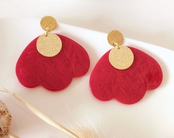 Boucles d'oreille fleur colorée rouge marbré et doré | bijou créateur | fête des mères