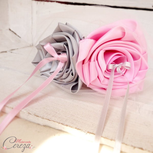 Porte-alliances original fleur mariage rose gris, coussin alliances original,porte-alliances fleur,accessoire mariage romantique chic