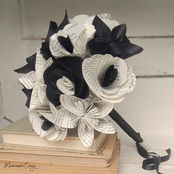 Bouquet de mariée origami original noir blanc "Crazy Love",bouquet papier,bouquet original,fleurs mariage