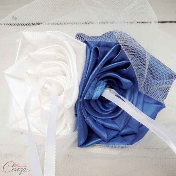 Porte-alliances bleu roi blanc bouquet de fleurs, Porte-alliances personnalisable,porte alliance fleur,mariage thème mer