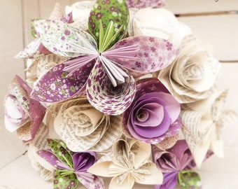 Bouquet de mariée origami violet vert,bouquet papier,bouquet original,mariage ecofriendly,deco mariage originale